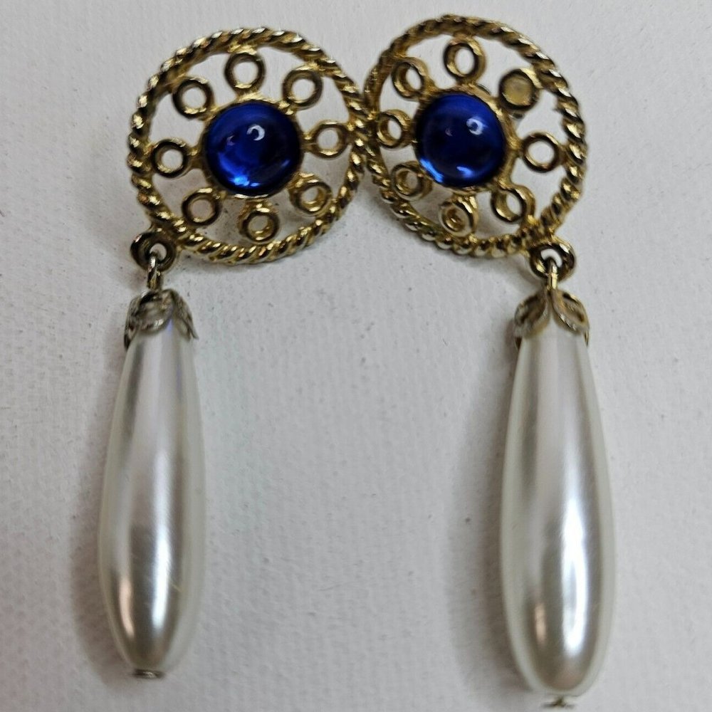 Dangle Drop Aqua Blue Rhinestone Faux Pearl Earrings Gold Tone Metal Vintage